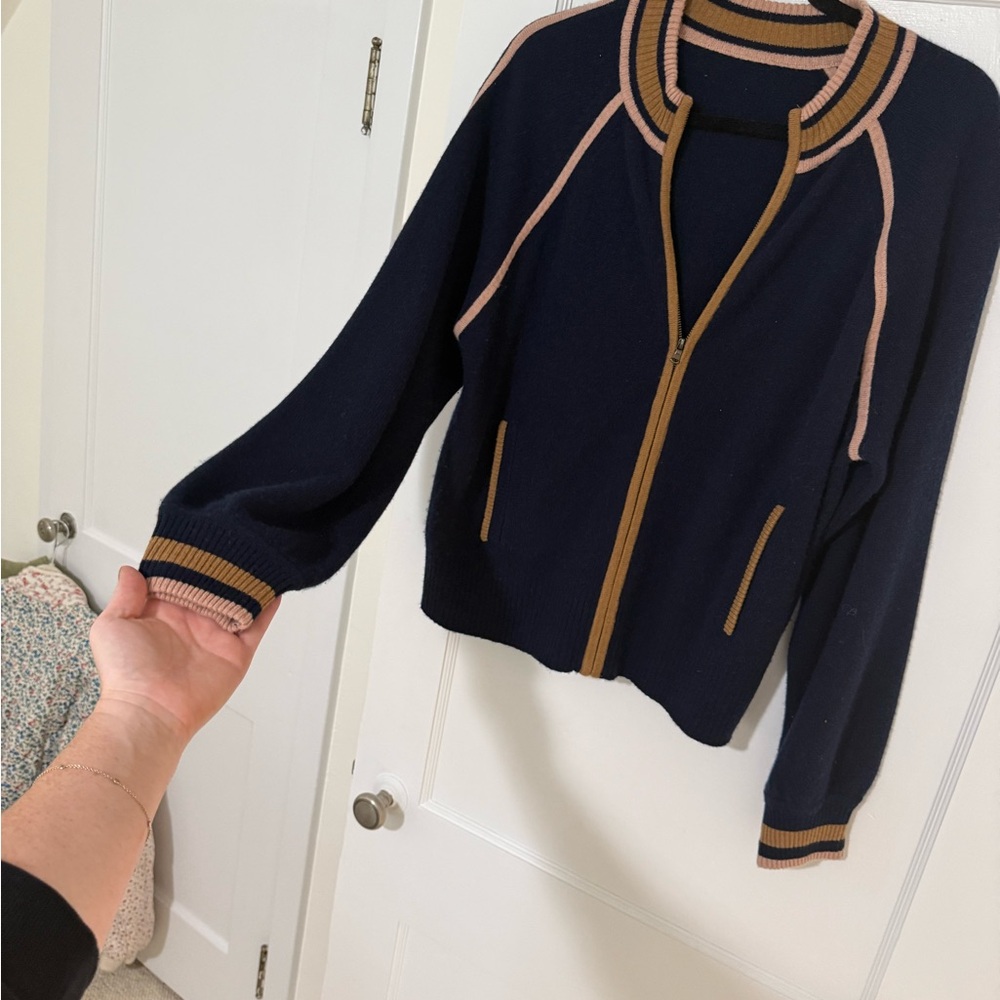 100% Cashmere JCrew Collection Navy and Tan Zip-Up Cardigan